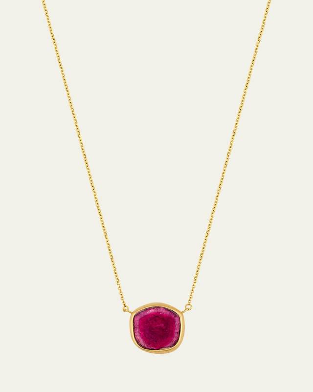 Watermelon Tourmaline Bezel Necklace in 14K Yellow Gold, 16-18"L